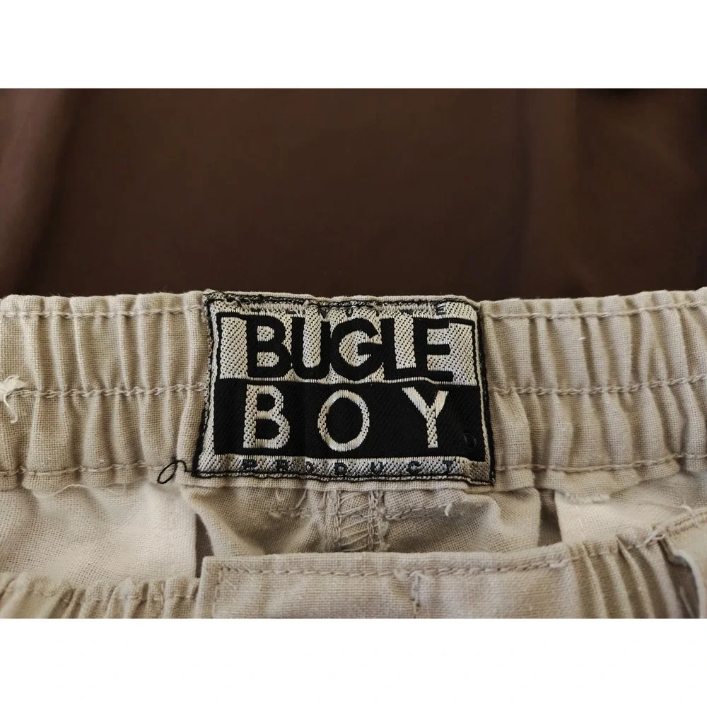 Vintage Bugle Boy Mens Khaki Cargo Shorts Elastic Waist Tan Size 32 W-28 Utility